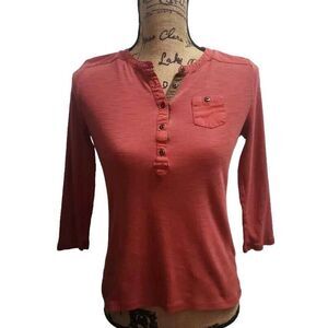 Lauren Jeans Co. Womens Size S 3/4 Sleeve Top Notch Neck‎ Red